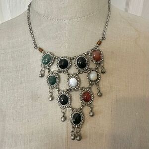 Afghan Kuchi-style Multi-Stone Bib Necklace, Silver-Tone, Aventurine/Onyx/Carnel